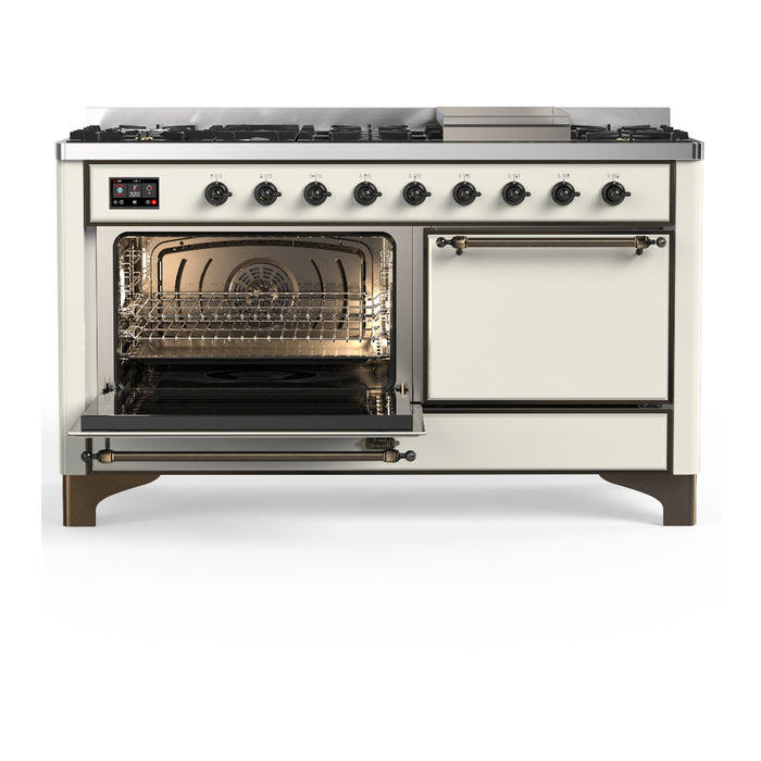 ILVE Majestic III 60" Dual Fuel Range, Antique White, Burnished Trim UM60FQNR3AWB