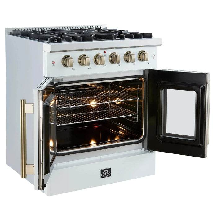 Forno Galiano 30" French Door Gas on Gas Range White Antique Brass Trim FFSGS6444-30WHT