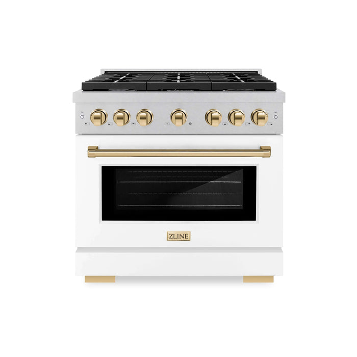 ZLINE 36"Paramount Dual Fuel Range DuraSnow® White Matte, Gold SDRSZ-WM-36-G