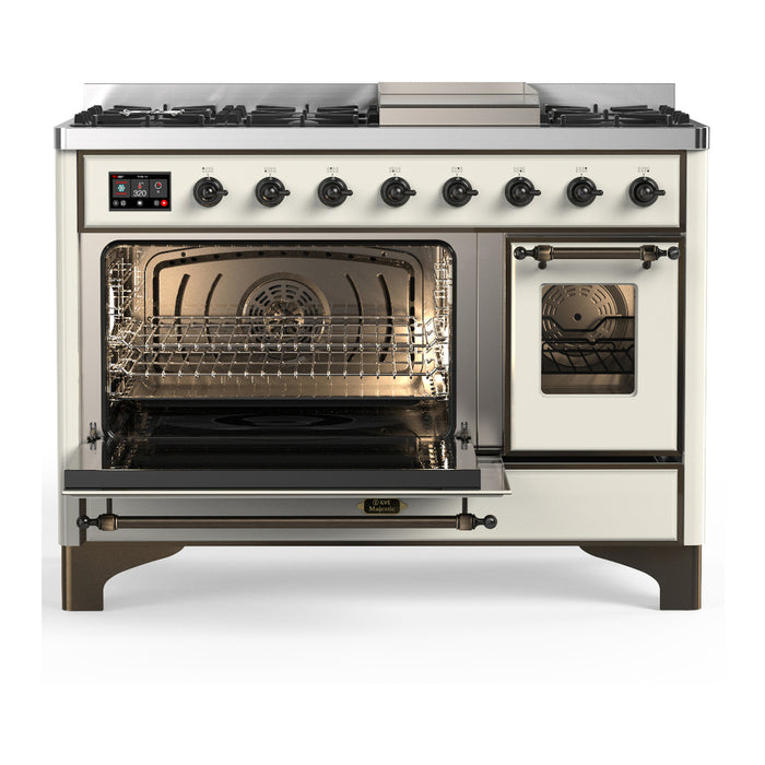 ILVE Majestic III 48" Dual Fuel, Range, Antique White, Burnished Trim UM48FNR3AWB