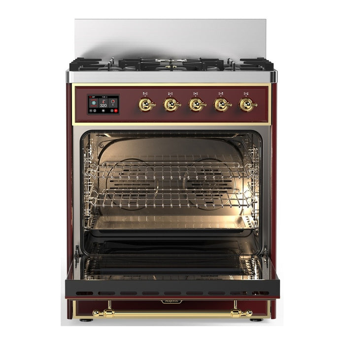 ILVE Majestic III 30" Dual Fuel Range, Burgundy, Brass Trim UM30NR3BUG