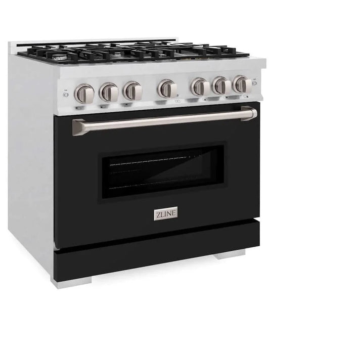 ZLINE 36" Dual Fuel Range, Gas Cooktop, Electric Convection Oven DuraSnow®Stainless Steel, Black Matte Door CDRS-BLM-36