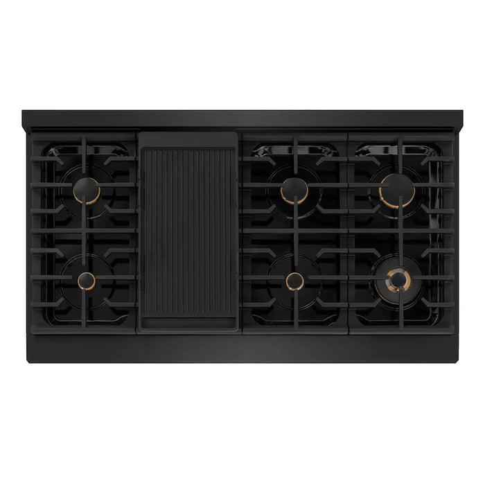ZLINE Autograph Edition 48" Paramount Dual Fuel Range, 6 Burner Gas Cooktop, Electric Convection Oven, Black Stainless Steel, Helix Handle and Knob SDRBZ-48-KCB