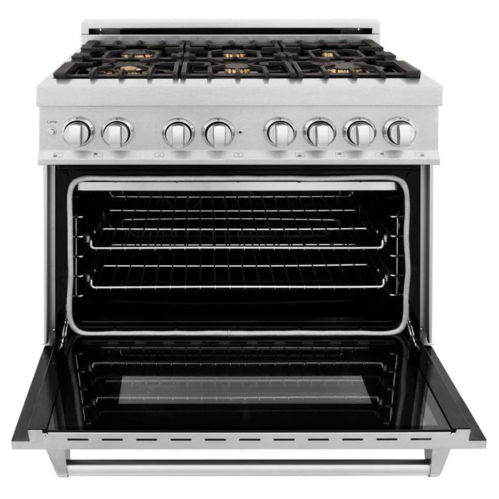 ZLINE 36" Dual Fuel Range, DuraSnow, Stainless, Brass Burners, Griddle RAS-SN-BR-GR-36