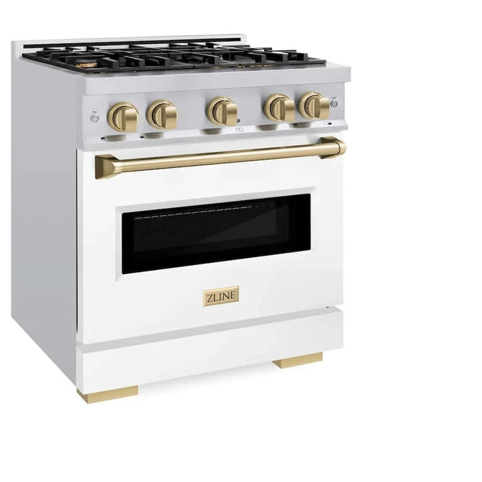 ZLINE 30" Classic Gas Range, Convection Gas Oven Stainless Steel, White Matte Door Champagne Bronze CGRZ-WM-30-CB
