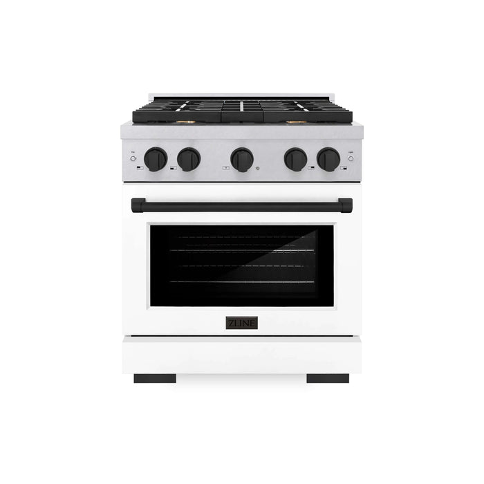 ZLINE 30"Paramount Dual Fuel Range DuraSnow® White Matte, Matte Black SDRSZ-WM-30-MB