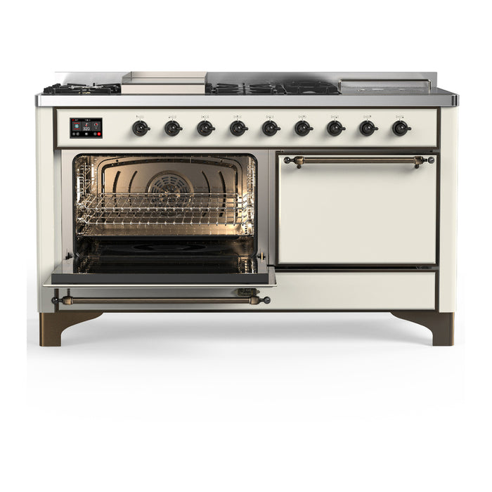 ILVE Majestic III 60" Dual Fuel Range, Antique White, Burnished Trim UM60FSQNR3AWB