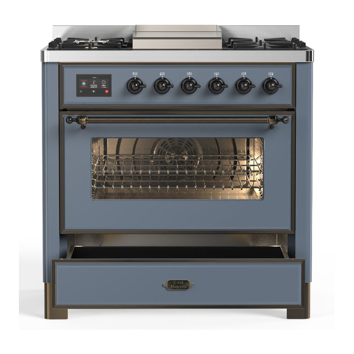 ILVE Majestic III 36" Dual Fuel, Range, Blue Grey, Burnished Trim UM36FNR3BGB