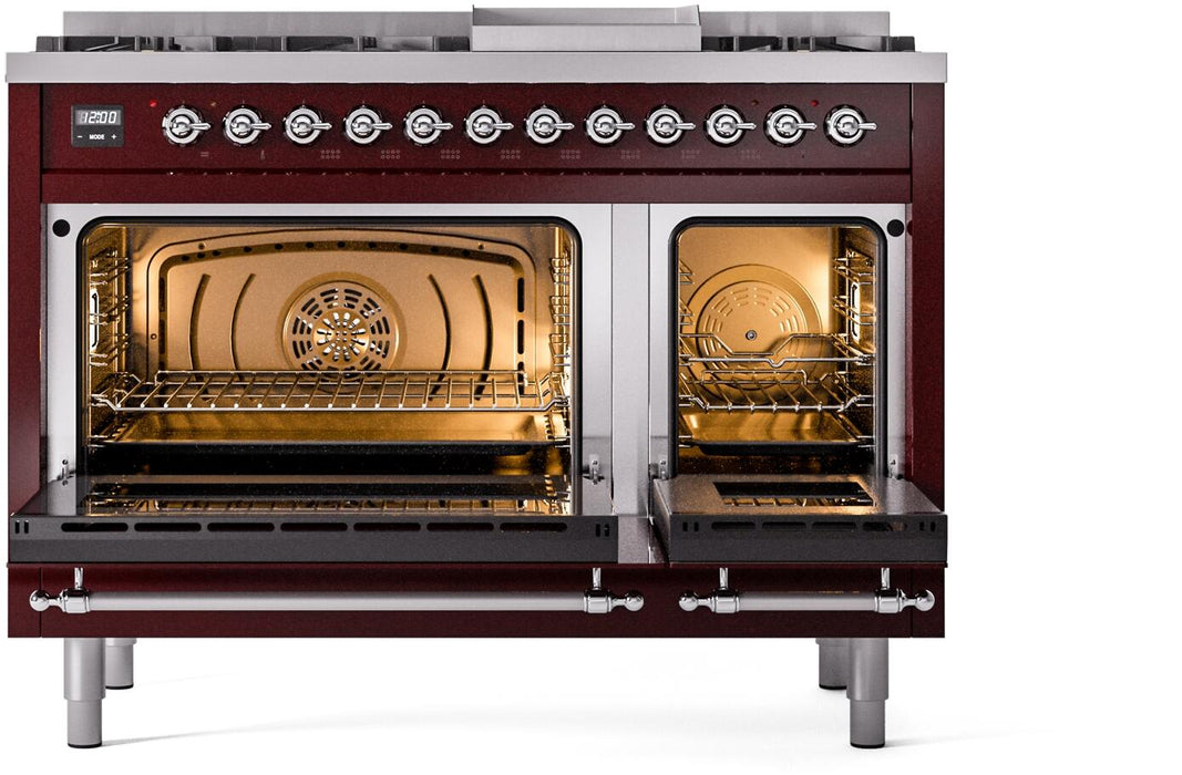 ILVE Nostalgie II 48" Dual Fuel Liquid Propane Range, Burgundy, Chrome Trim ILVE UP48FNMPBUCLP ILVE