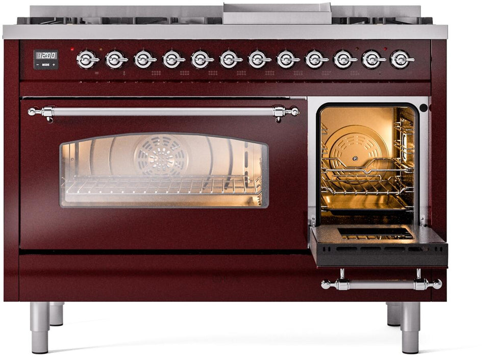 ILVE Nostalgie II 48" Dual Fuel Liquid Propane Range, Burgundy, Chrome Trim ILVE UP48FNMPBUCLP ILVE