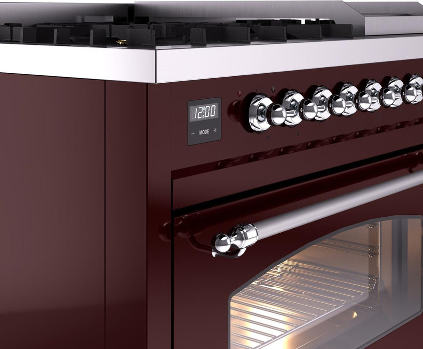 ILVE Nostalgie II 48" Dual Fuel Liquid Propane Range, Burgundy, Chrome Trim ILVE UP48FNMPBUCLP ILVE