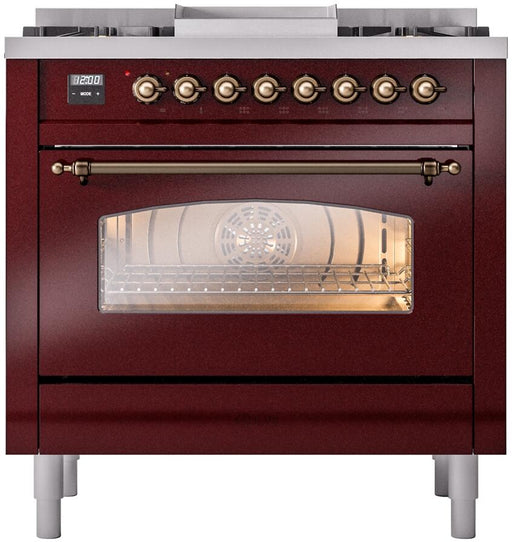 ILVE Nostalgie II 36" Dual Fuel Liquid Propane Range, Burgundy, Bronze Trim UP36FNMPBUBLP ILVE