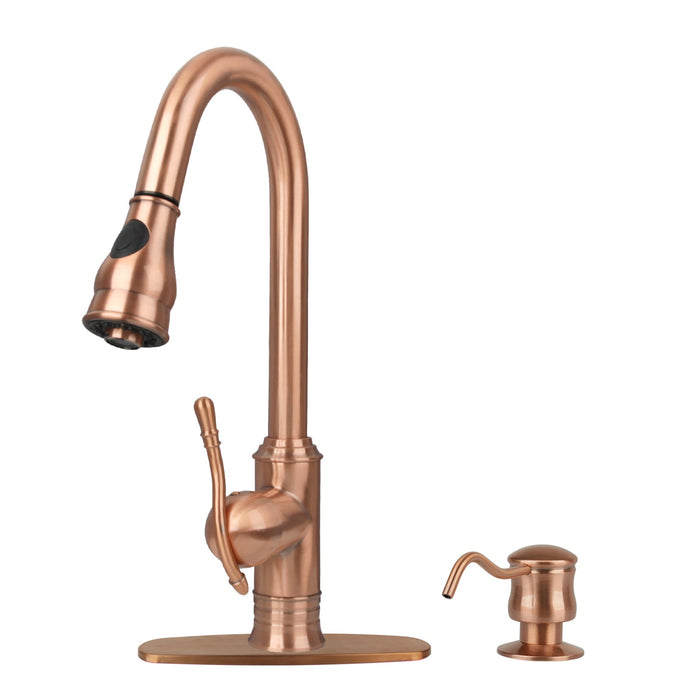 Copper Kitchen Faucet with Soap Dispenser, Single Handle Solid Brass High Arc Pull Down Sprayer Head Kitchen Sink Faucets with Deck Plate — AK96415-SD-C
