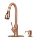 Copper Kitchen Faucet with Soap Dispenser, Single Handle Solid Brass High Arc Pull Down Sprayer Head Kitchen Sink Faucets with Deck Plate — AK96415-SD-C