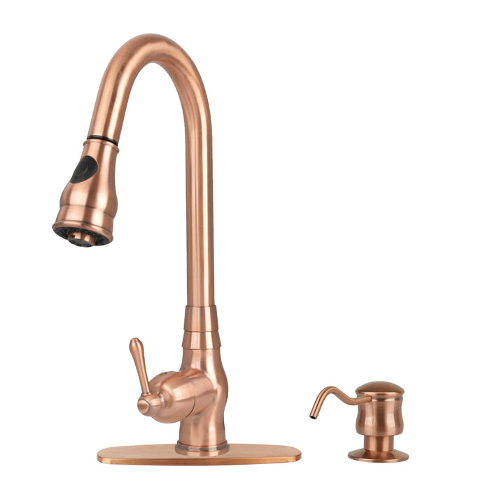 Copper Kitchen Faucet with Soap Dispenser, Single Handle Solid Brass High Arc Pull Down Sprayer Head Kitchen Sink Faucets with Deck Plate — AK96418-SD-C