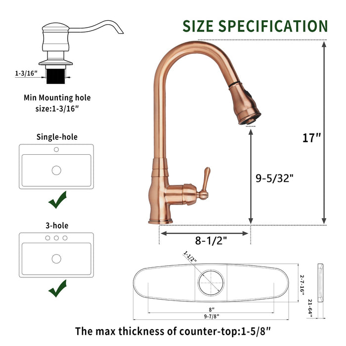 Copper Kitchen Faucet with Soap Dispenser, Single Handle Solid Brass High Arc Pull Down Sprayer Head Kitchen Sink Faucets with Deck Plate — AK96418-SD-C