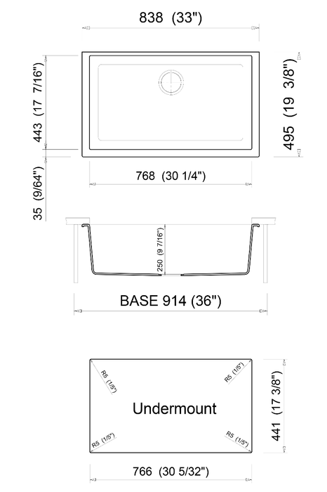 ALFI brand 33" Single Bowl Undermount Granite Composite Kitchen Sink AB3322UM