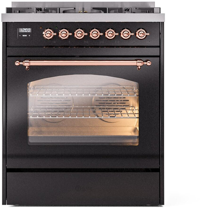 ILVE Nostalgie II 30" Dual Fuel Natural Gas Range, Glossy Black, Copper Trim ILVE UP30NMPBKP ILVE