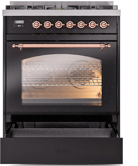 ILVE Nostalgie II 30" Dual Fuel Natural Gas Range, Glossy Black, Copper Trim ILVE UP30NMPBKP ILVE