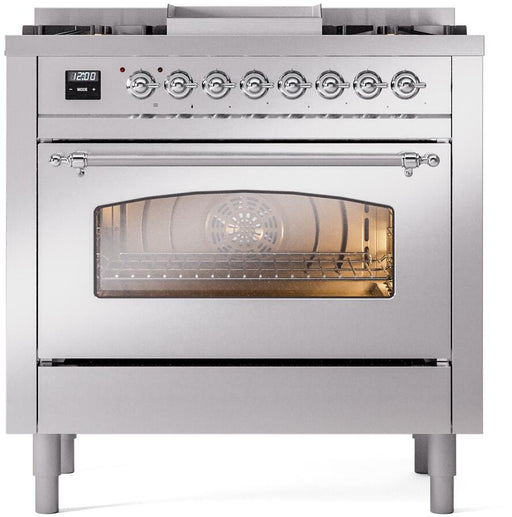 ILVE Nostalgie II 36" Dual Fuel Liquid Propane Range, Stainless Steel, Chrome Trim UP36FNMPSSCLP ILVE