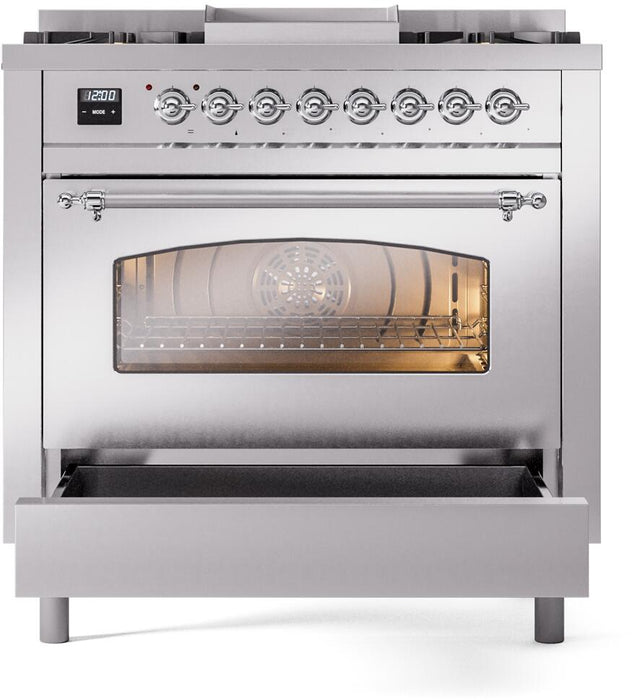 ILVE Nostalgie II 36" Dual Fuel Natural Gas Range, Stainless Steel, Chrome Trim UP36FNMPSSC