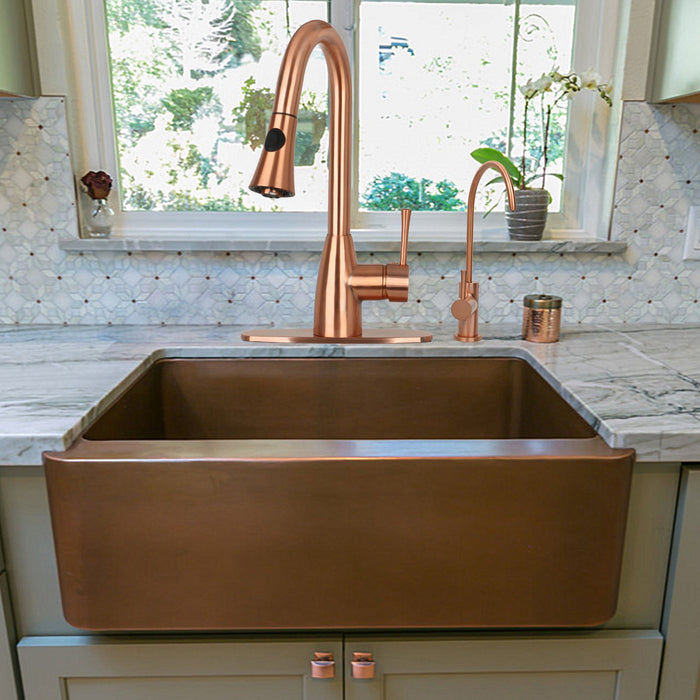 Copper Kitchen Faucet with Soap Dispenser, Single Handle Solid Brass High Arc Pull Down Sprayer Head Kitchen Sink Faucets with Deck Plate — AK96455-SD-C