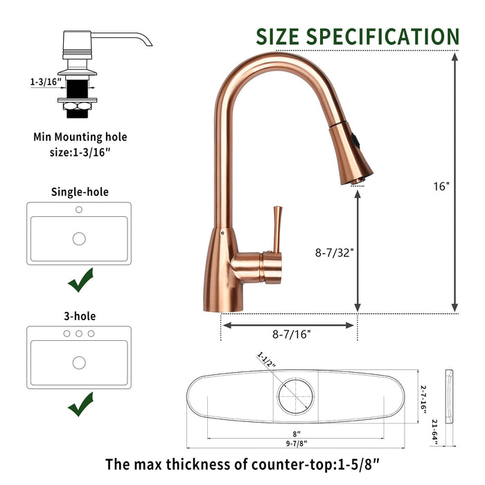 Copper Kitchen Faucet with Soap Dispenser, Single Handle Solid Brass High Arc Pull Down Sprayer Head Kitchen Sink Faucets with Deck Plate — AK96455-SD-C