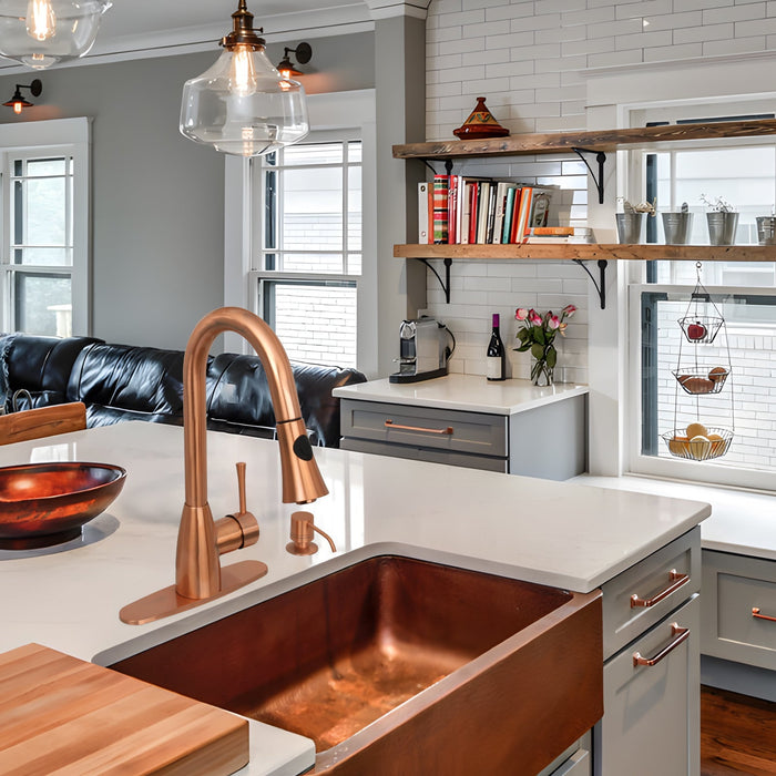 Copper Pull Out Kitchen Faucet, Single Level Solid Brass Kitchen Sink Faucets with Pull Down Sprayer - AK96455C