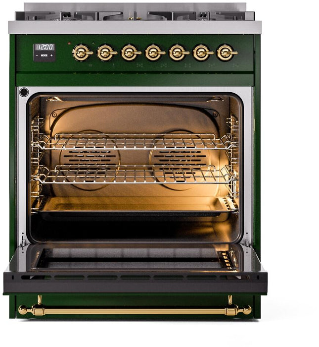 ILVE Nostalgie II 30" Dual Fuel Liquid Propane Range, Emerald Green, Brass Trim UP30NMPEGGLP ILVE