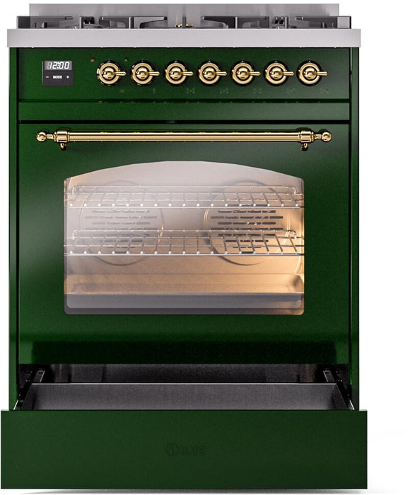 ILVE Nostalgie II 30" Dual Fuel Liquid Propane Range, Emerald Green, Brass Trim UP30NMPEGGLP ILVE