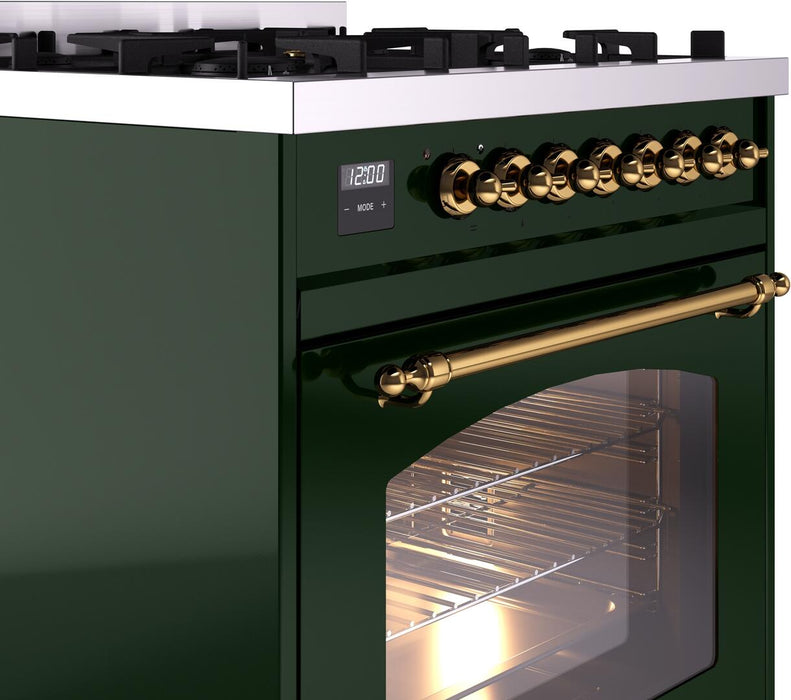 ILVE Nostalgie II 30" Dual Fuel Liquid Propane Range, Emerald Green, Brass Trim UP30NMPEGGLP ILVE