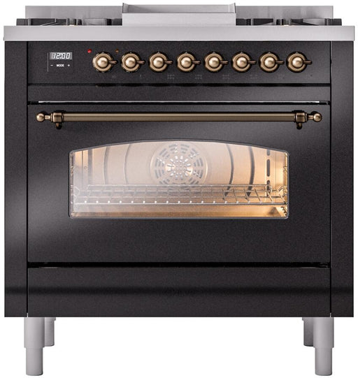 ILVE Nostalgie II 36" Dual Fuel Liquid Propane Range, Glossy Black, Bronze Trim UP36FNMPBKBLP ILVE