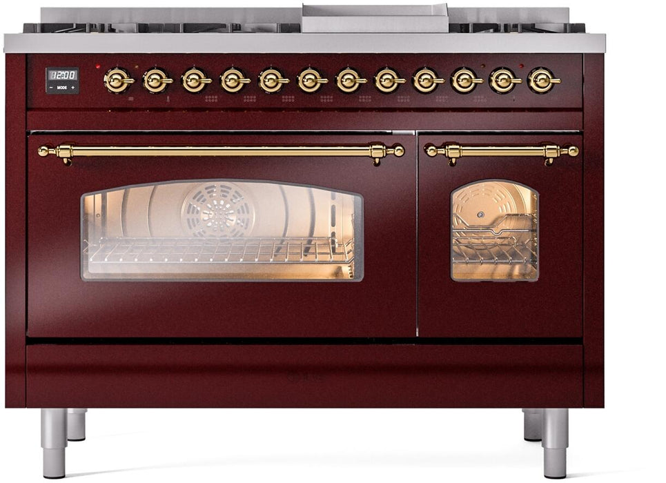 ILVE Nostalgie II 48" Dual Fuel Liquid Propane Range, Burgundy, Brass Trim ILVE UP48FNMPBUGLP ILVE