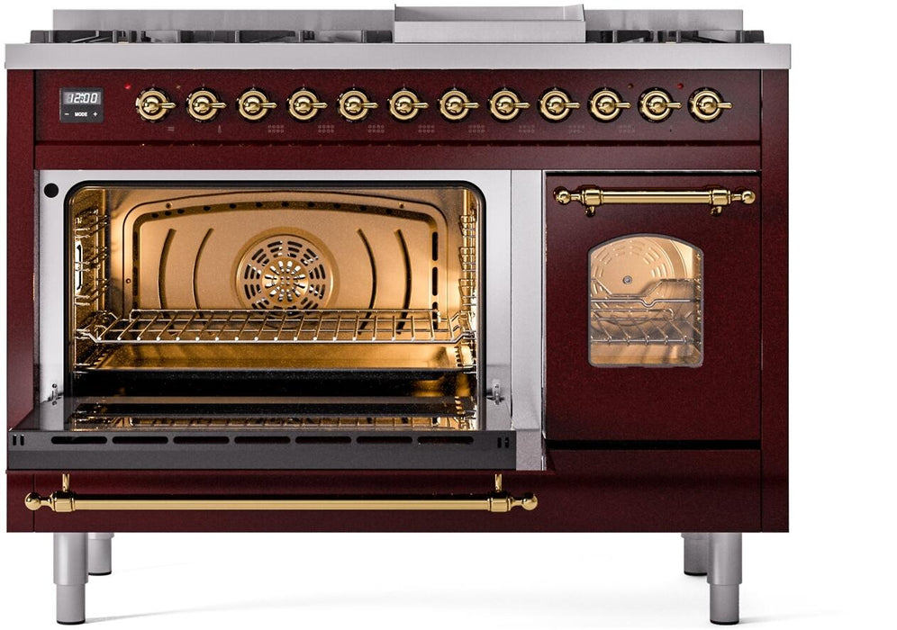 ILVE Nostalgie II 48" Dual Fuel Liquid Propane Range, Burgundy, Brass Trim ILVE UP48FNMPBUGLP ILVE