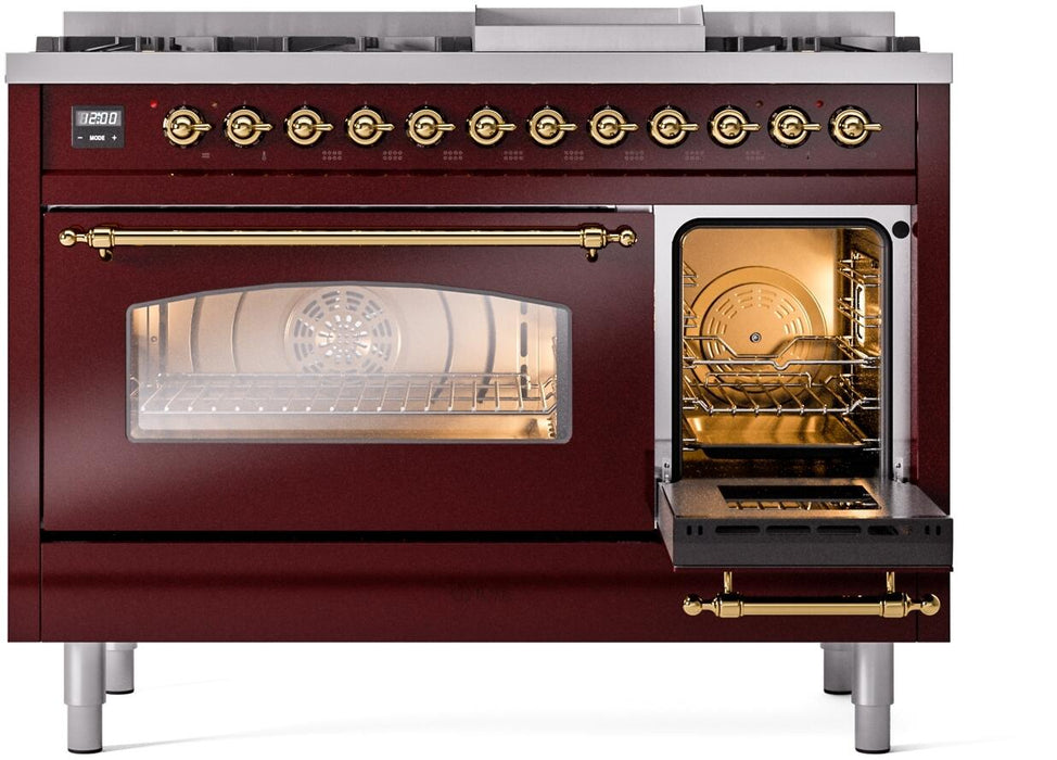 ILVE Nostalgie II 48" Dual Fuel Liquid Propane Range, Burgundy, Brass Trim ILVE UP48FNMPBUGLP ILVE