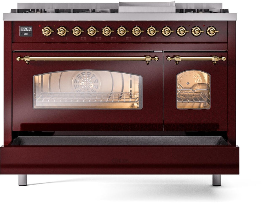 ILVE Nostalgie II 48" Dual Fuel Liquid Propane Range, Burgundy, Brass Trim ILVE UP48FNMPBUGLP ILVE