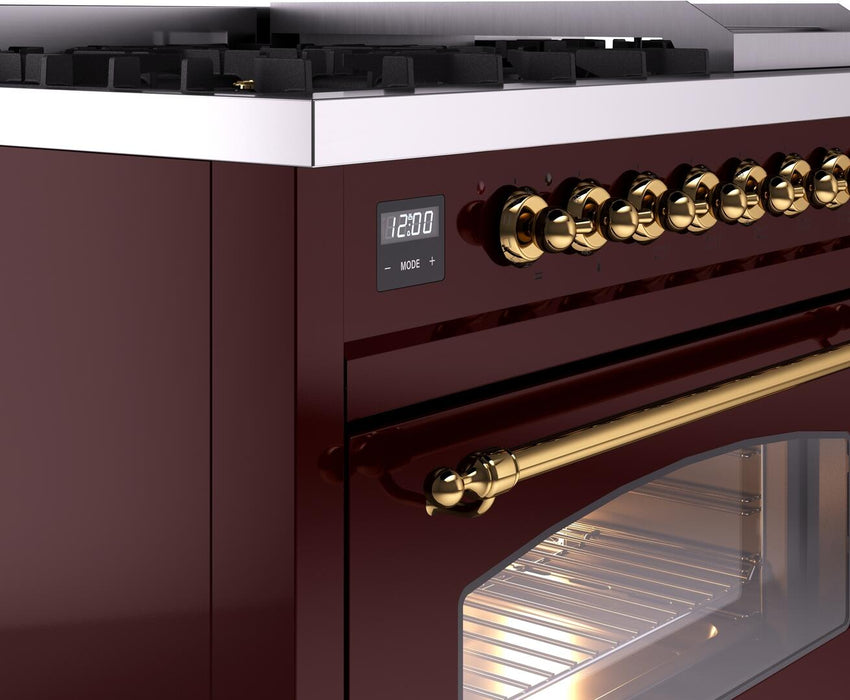 ILVE Nostalgie II 48" Dual Fuel Liquid Propane Range, Burgundy, Brass Trim ILVE UP48FNMPBUGLP ILVE