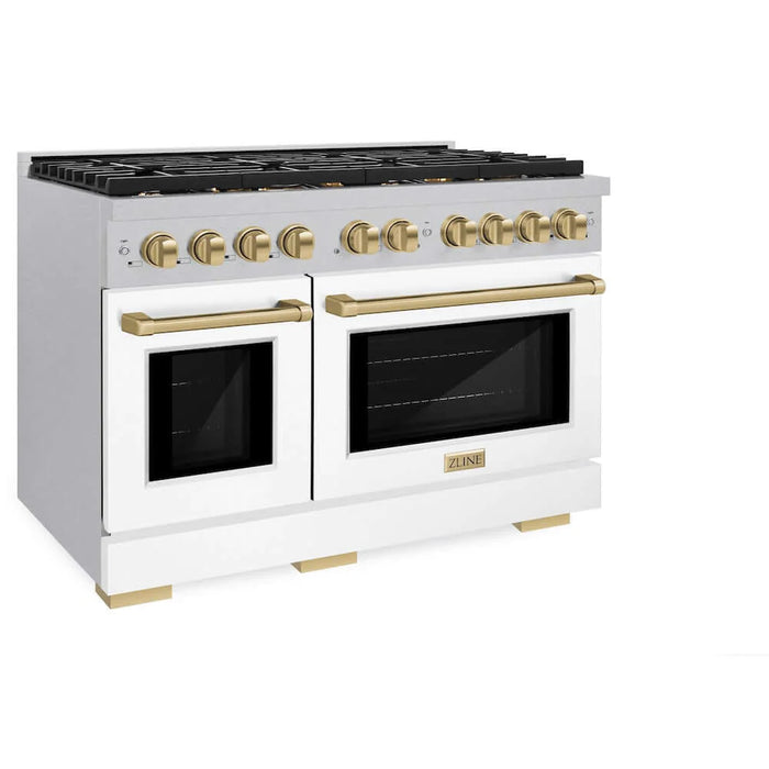 ZLINE 48"Gas Range, Convection Gas Oven, DuraSnow® White Matte, Champagne Bronze SGRSZ-WM-48-CB