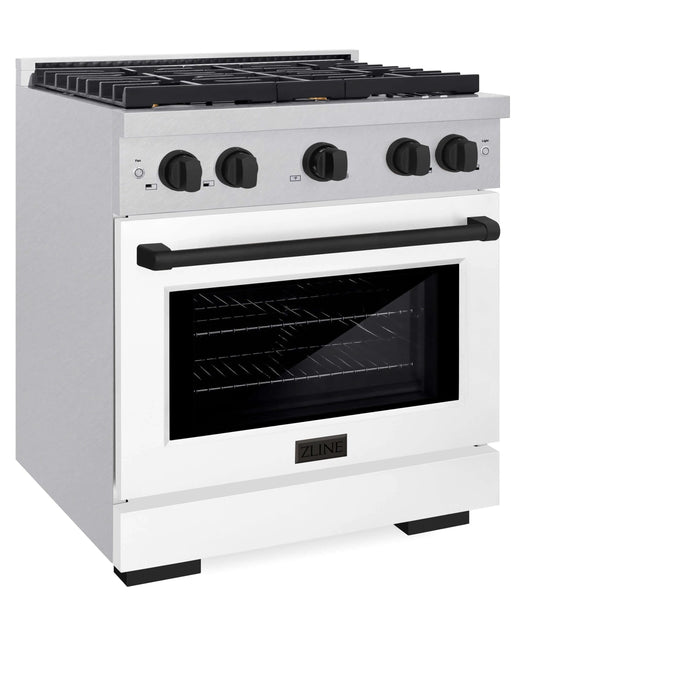 ZLINE 30"Paramount Dual Fuel Range DuraSnow® White Matte, Matte Black SDRSZ-WM-30-MB