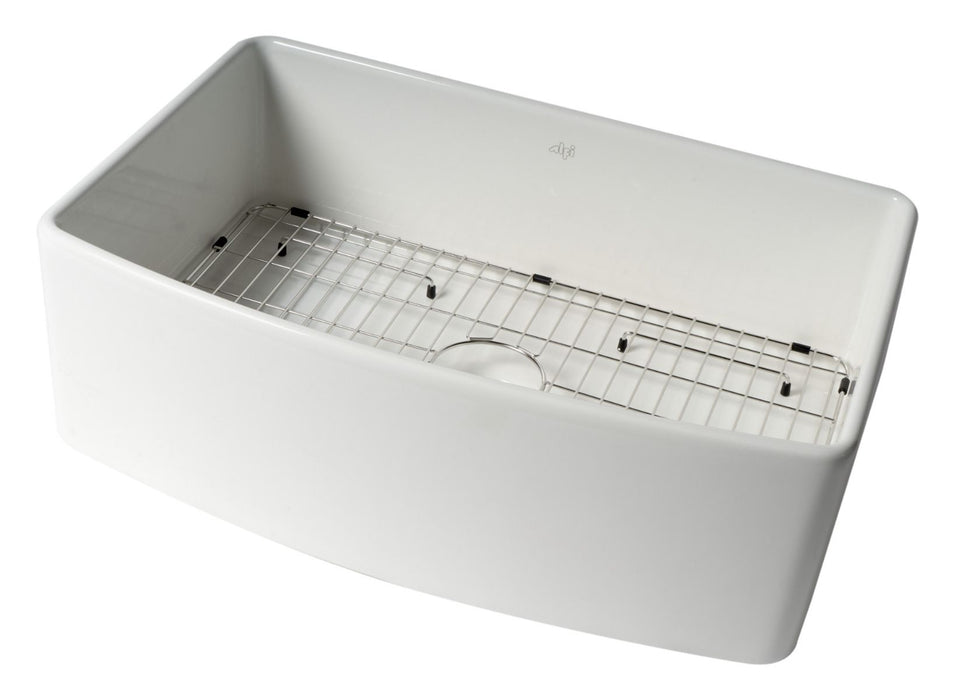 ALFI Brand White Smooth Curved Apron 30" Single Bowl Fireclay Farm Sink, Grid ABFC3020-W