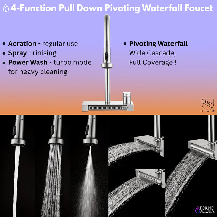 FORNO ACQUA 33" Drop-In/Undermount Stainless Steel Sink Faucet & Waterfall H-XN30