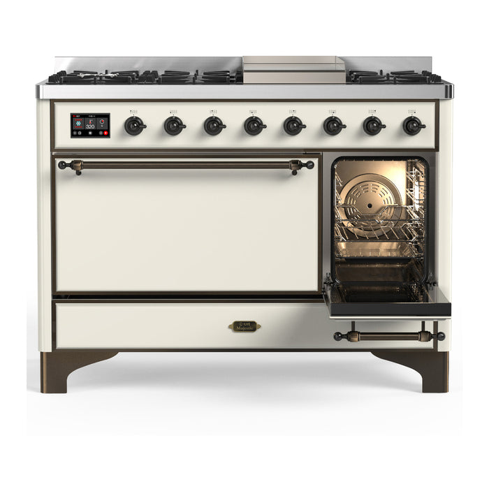 ILVE Majestic III 48" Dual Fuel, Range, Antique White, Burnished Trim UM48FQNR3AWB