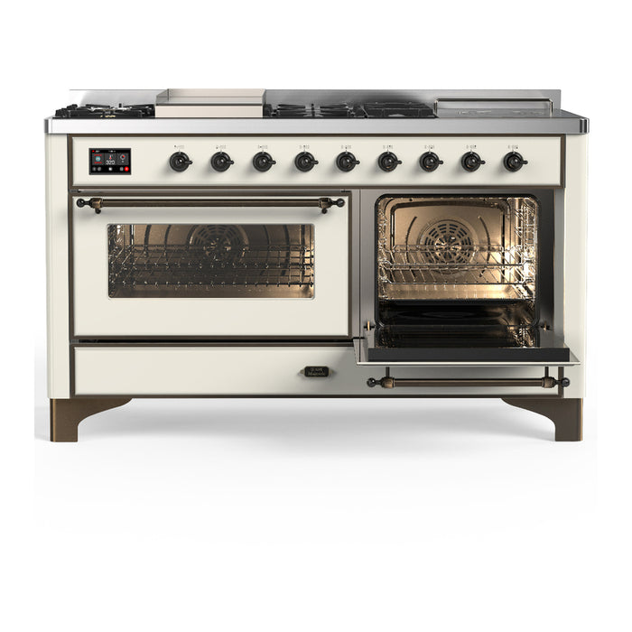 ILVE Majestic III 60" Dual Fuel Range, Antique White, Burnished Trim UM60FSNR3AWB
