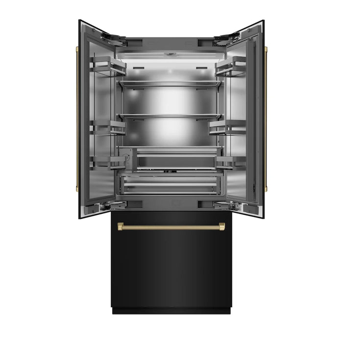 ZLINE Autograph Edition 36" French Door Built-In Bottom Freezer Refrigerator, Water Dispenser, Ice Maker, Black Stainless Steel, Stainless Steel Interior, Helix Handles SRBIVZ-BS36KCB