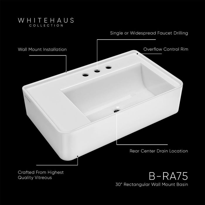 Whitehaus 30" Rectangular Wall Mount Basin, Single Faucet Drilling B-RA75-1H