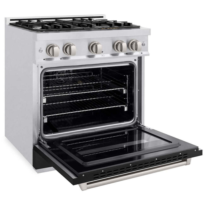 ZLINE 30" Dual Fuel Range, Gas Cooktop, Electric Convection Oven DuraSnow®Stainless Steel, Black Matte Door CDRS-BLM-30
