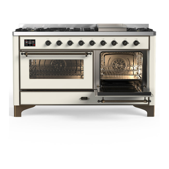 ILVE Majestic III 60" Dual Fuel Range, Antique White, Burnished Trim UM60FNR3AWB
