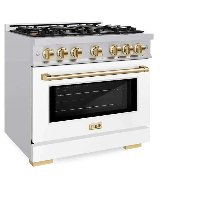 ZLINE 36" Select Gas Range Convection Gas Oven Stainless Steel White Matte Doors Polished Gold HGRZ-WM-36-G