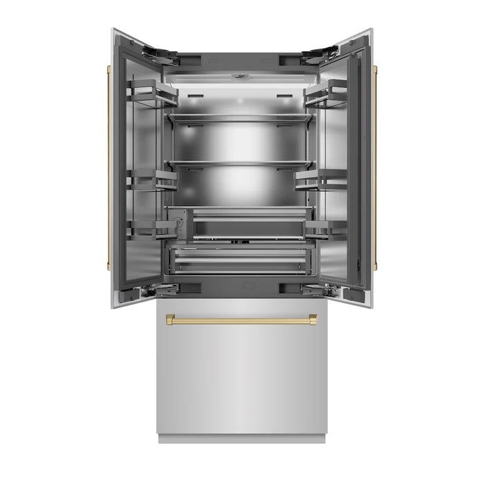 ZLINE 36" French Door Built-In Bottom Freezer Refrigerator, Water Dispenser, Ice Maker, Stainless Steel, Accents SRBIVZ-304-36CB