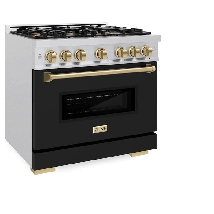 ZLINE 36"Classic Gas Range, Convection Gas Oven, DuraSnow® Stainless Steel, Black Matte Door Champagne Bronze CGRSZ-BLM-36-CB